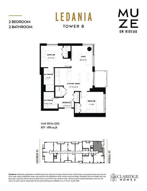 Floor plan for 2 beds, 2 baths, 877 sqft